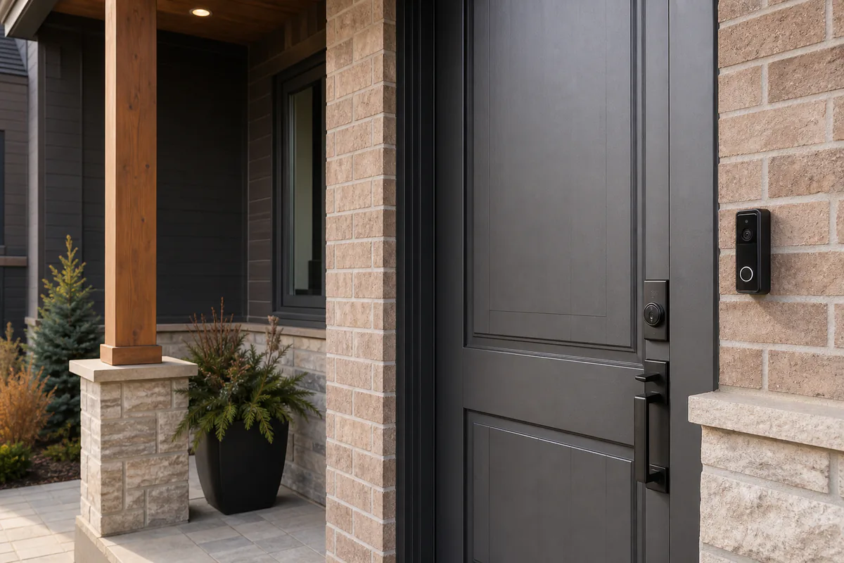 Smart lock and video doorbell at a residential entrance