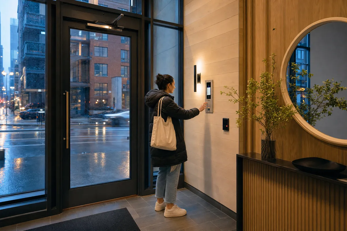 Visitor using a video intercom in a residential lobby