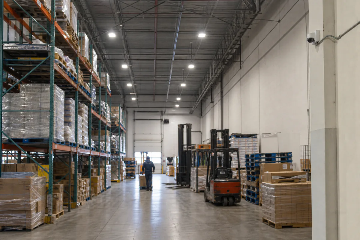 Security camera installed naturally in a logistics warehouse